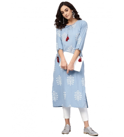 Women's Casual 3/4 th Sleeve Embroidery Cambric Cotton Kurti (Blue)