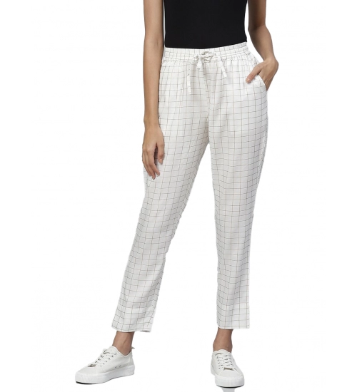 Women's Casual Checked Rayon Trouser Pant (White)