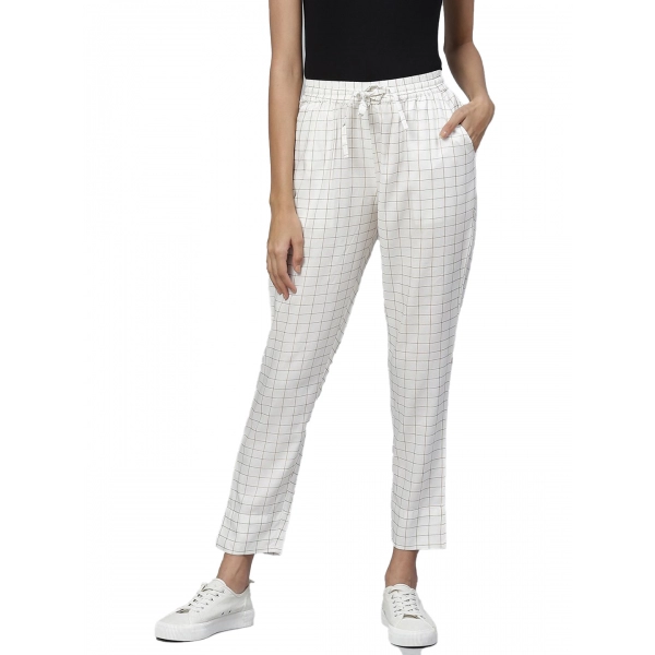 Dropship Women's Casual Checked Rayon Trouser Pant (White)