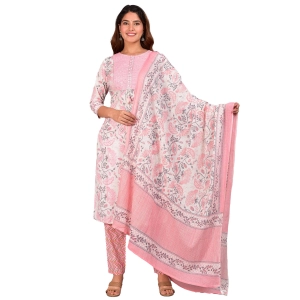 Generic Women's Casual 3/4 th Sleeve Floral Printed Cotton Kurti & Pant With Dupatta (Baby Pink)