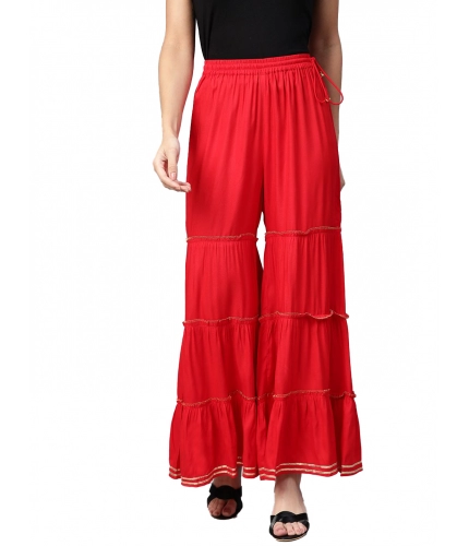 Women's Casual Solid Rayon Sharara (Red)