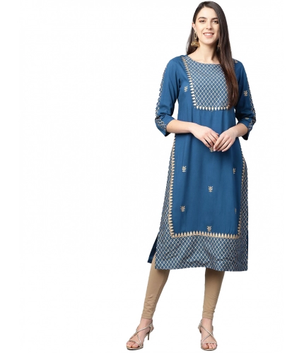 Women's Casual 3/4 th Sleeve Floral Printed Rayon Kurti (Blue)