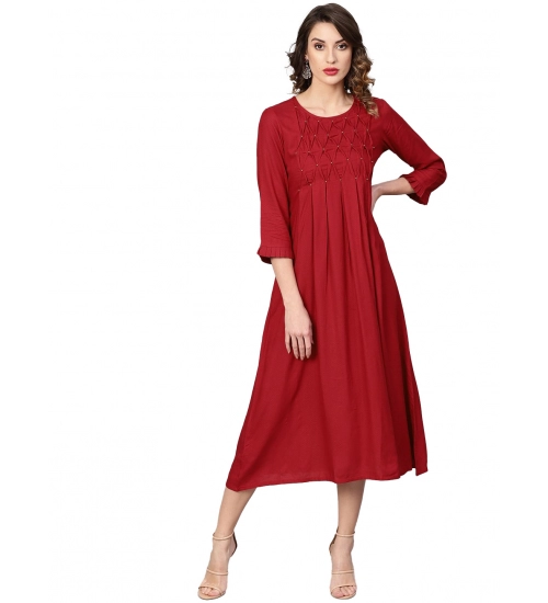 Women's Casual 3/4 th Sleeve Solid Rayon Dobby Dress (Maroon)