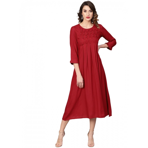 Dropship Women's Casual 3/4 th Sleeve Solid Rayon Dobby Dress (Maroon)