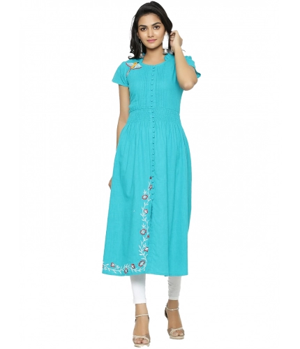 Women's Casual Short Sleeve Embroidery Cotton Slub Kurti (Torque Green)