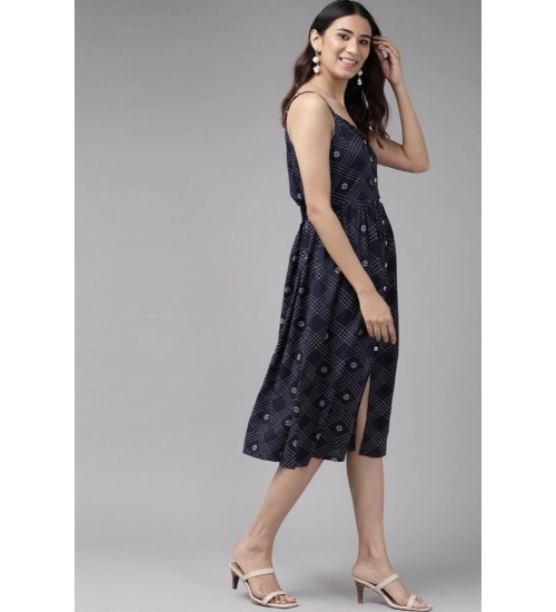 Women's Casual Sleeveless Stripe Printed Rayon Dress (Blue)