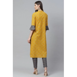Generic Women's Casual Bell Sleeves Geomatrical Printed Cotton Kurti Set (Yellow)