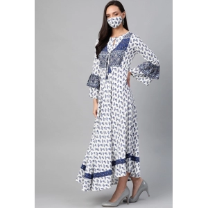 Generic Women's Casual Bell Sleeve Floral Printed Rayon Dress (White & Blue)