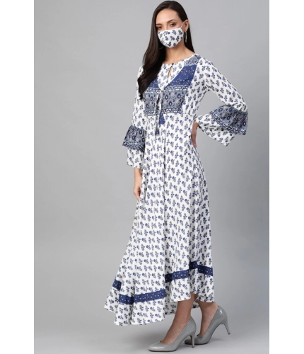 Women's Casual Bell Sleeve Floral Printed Rayon Dress (White &amp; Blue)