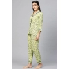 Women's Casual 3/4 Sleeve Floral Printed Rayon Shirt With Pyjama Pant Night Suit Set (Green)