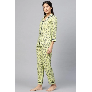 Generic Women's Casual 3/4 Sleeve Floral Printed Rayon Shirt With Pyjama Pant Night Suit Set (Green)