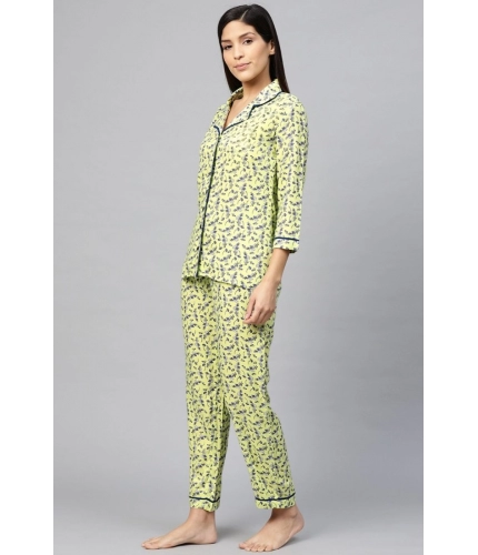 Women's Casual 3/4 Sleeve Floral Printed Rayon Shirt With Pyjama Pant Night Suit Set (Green)