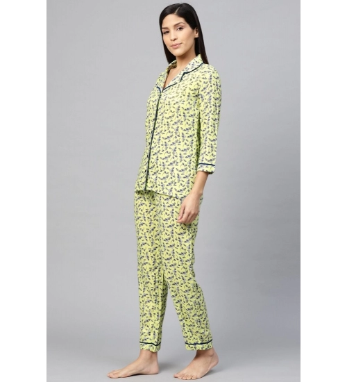 Women's Casual 3/4 Sleeve Floral Printed Rayon Shirt With Pyjama Pant Night Suit Set (Green)