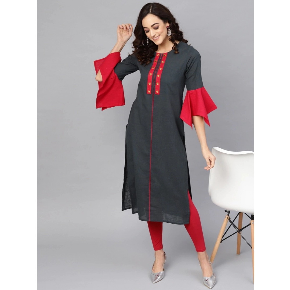 Women's Casual Bell Sleeves Mirror Work Cotton Slub Kurti (Grey) Women's Casual Bell Sleeves Mirror Work Cotton Slub Kurti (Grey)
