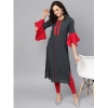 Women's Casual Bell Sleeves Mirror Work Cotton Slub Kurti (Grey) Women's Casual Bell Sleeves Mirror Work Cotton Slub Kurti (Grey)