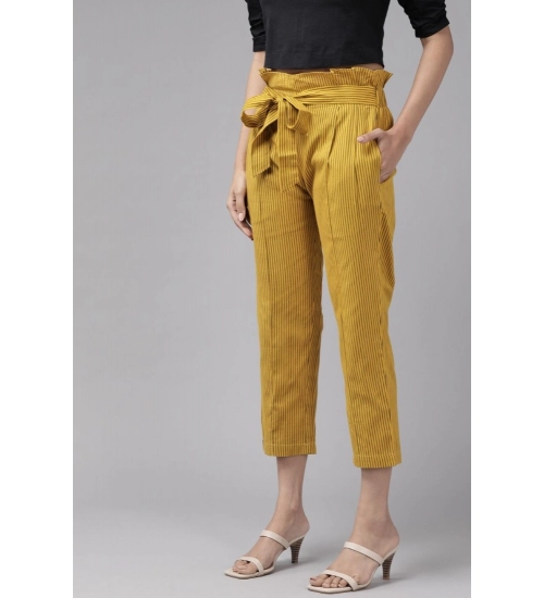 Women's Casual Printed Cotton Flex Trouser Pant (Mustard)