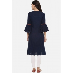 Generic Women's Casual Bell Sleeves Solid Cotton Slub Kurti (Blue)
