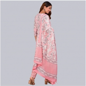 Generic Women's Casual 3/4 th Sleeve Floral Printed Cotton Kurti & Pant With Dupatta (Baby Pink)