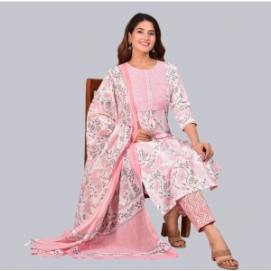 Generic Women's Casual 3/4 th Sleeve Floral Printed Cotton Kurti & Pant With Dupatta (Baby Pink)