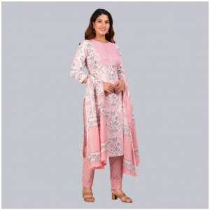 Generic Women's Casual 3/4 th Sleeve Floral Printed Cotton Kurti & Pant With Dupatta (Baby Pink)