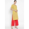 Dropship Women's Casual Short Sleeves Floral Printed Cotton &amp; Rayon Kurti Palazzo Set (Yellow &amp; Red)
