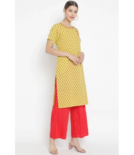 Women's Casual Short Sleeves Floral Printed Cotton & Rayon Kurti Palazzo Set (Yellow & Red) Women's Casual Short Sleeves Floral Printed Cotton & Rayon Kurti Palazzo Set (Yellow & Red)