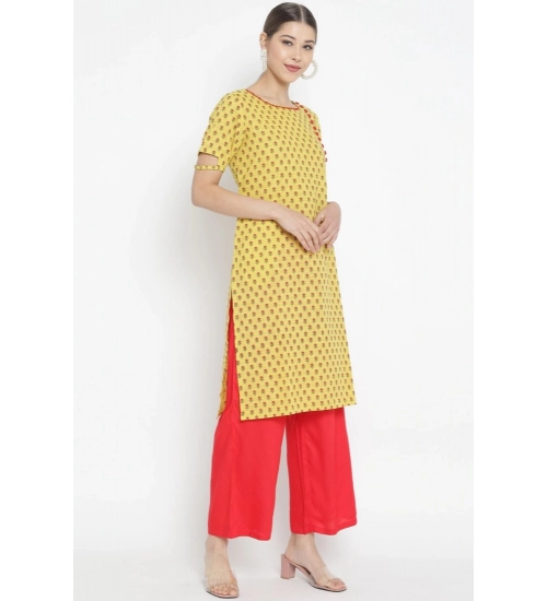 Women's Casual Short Sleeves Floral Printed Cotton & Rayon Kurti Palazzo Set (Yellow & Red)
