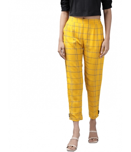 Women's Casual Checked Rayon Trouser Pant (Yellow)