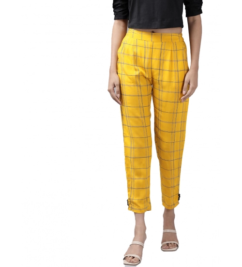 Women's Casual Checked Rayon Trouser Pant (Yellow)