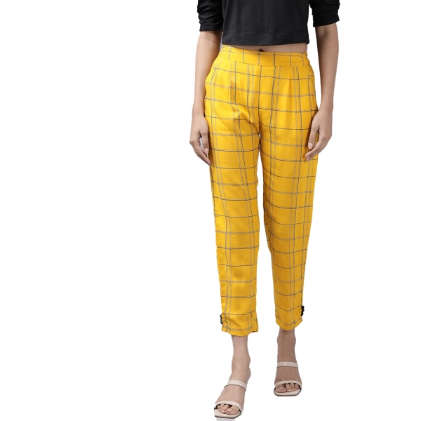 Dropship Women's Casual Checked Rayon Trouser Pant (Yellow)