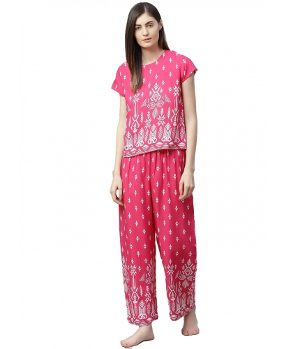 Women's Casual Short Sleeve Printed Rayon Pajama Set (Pink)