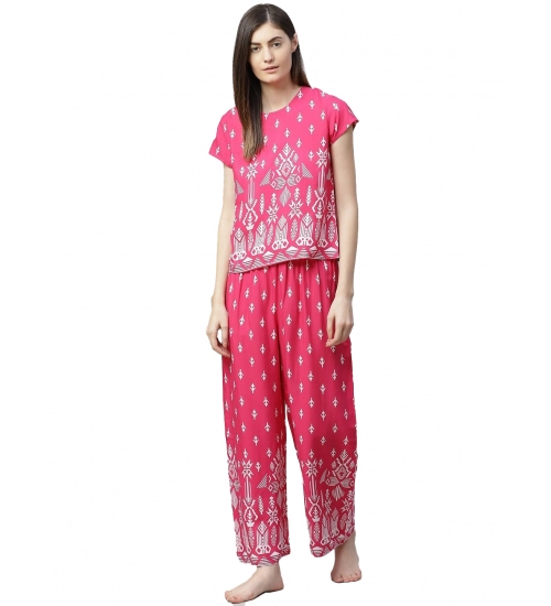 Women's Casual Short Sleeve Printed Rayon Pajama Set (Pink)