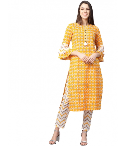 Women's Casual 3/4 th Sleeve Floral Printed Cotton Kurti Set (Mustard)
