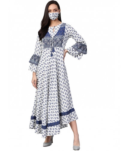 Women's Casual Bell Sleeve Floral Printed Rayon Dress (White &amp; Blue)