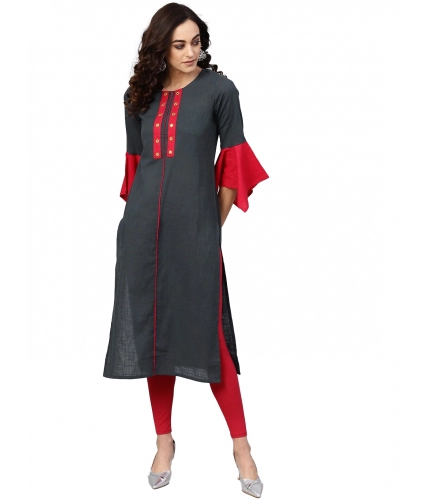 Women's Casual Bell Sleeves Mirror Work Cotton Slub Kurti (Grey)