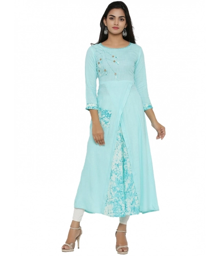 Women's Casual 3/4 th Sleeve Embroidery Rayon Kurti (Sky Blue)