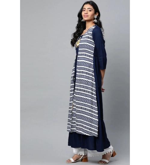 Women's Casual 3/4 th Sleeve Geometric Rayon Kurti (Navy Blue)