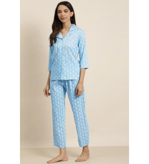 Women's Casual 3/4 th Sleeve Floral Printed Rayon Shirt With Pyjama Pant Night Suit Set (Blue)