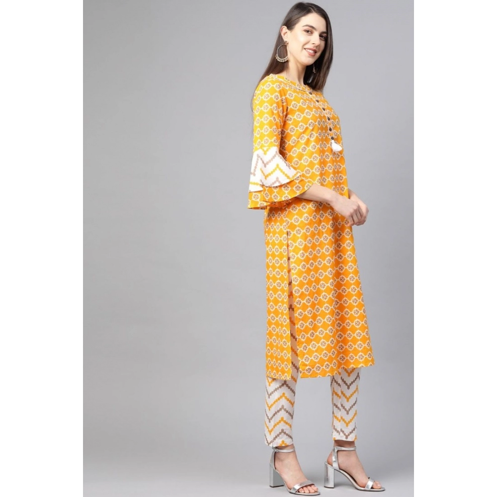 Women's Casual 3/4 th Sleeve Floral Printed Cotton Kurti Set (Mustard)
