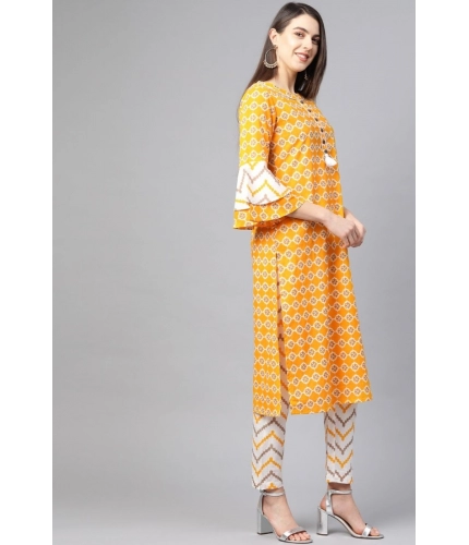 Women's Casual 3/4 th Sleeve Floral Printed Cotton Kurti Set (Mustard) Women's Casual 3/4 th Sleeve Floral Printed Cotton Kurti Set (Mustard)