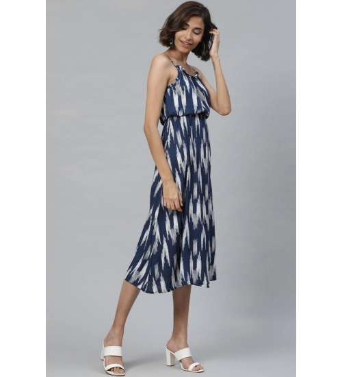 Women's Casual Sleeveless Ikat Print Rayon Dress (Blue)