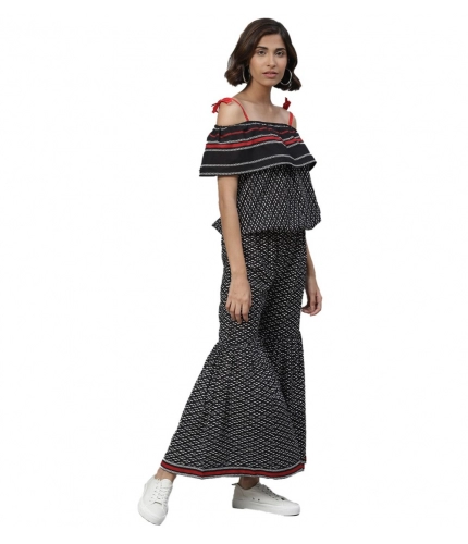 Women's Casual shoulder sleeve Geomatrical Printed Cotton Dress (Black)