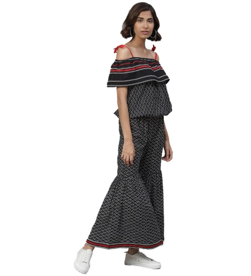 Women's Casual shoulder sleeve Geomatrical Printed Cotton Dress (Black)