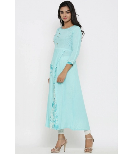 Women's Casual 3/4 th Sleeve Embroidery Rayon Kurti (Sky Blue) Women's Casual 3/4 th Sleeve Embroidery Rayon Kurti (Sky Blue)