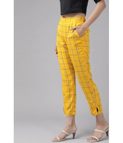 Women's Casual Checked Rayon Trouser Pant (Yellow)