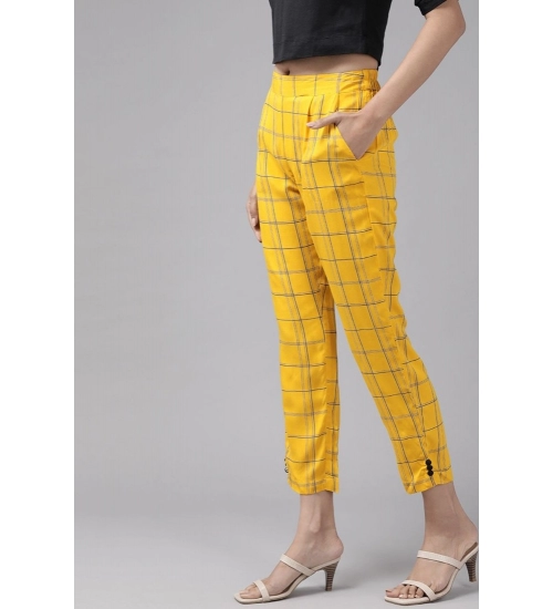 Women's Casual Checked Rayon Trouser Pant (Yellow)