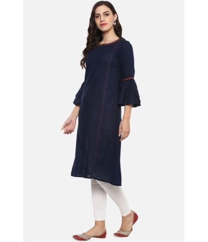 Women's Casual Bell Sleeves Solid Cotton Slub Kurti (Blue) Women's Casual Bell Sleeves Solid Cotton Slub Kurti (Blue)