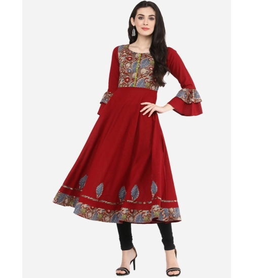 Women's Casual Bell Sleeves Printed Cotton Kurti (Maroon)