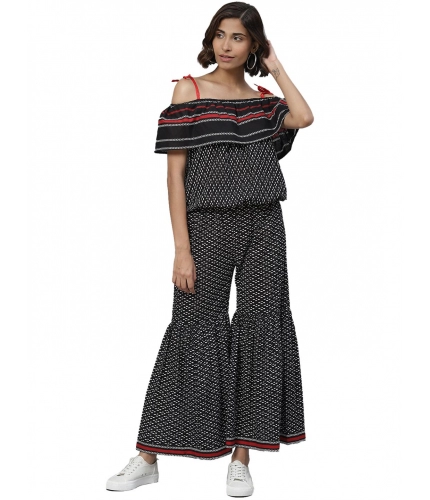 Women's Casual shoulder sleeve Geomatrical Printed Cotton Dress (Black)