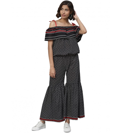 Women's Casual shoulder sleeve Geomatrical Printed Cotton Dress (Black)